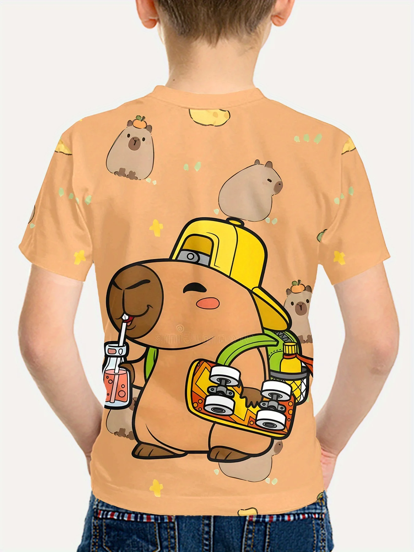 Children Khaki Crew Neck Tee Trendy Cartoon Capybara with Skateboard Backpack Drink 3D All Over Print Boys Summer Top