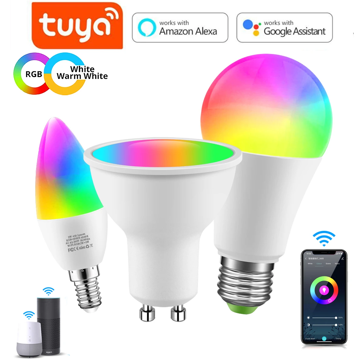 

Tuya Smartlife WiFi Smart LED Spotlight AC220V GU10 E27 E14 RGBCW Light Bulb Voice Control Work with Alexa Google Home Assistant