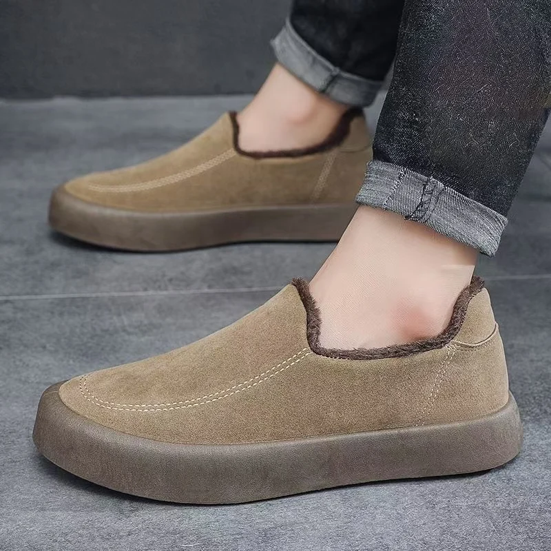 

Мужские зимние новые зимние ботинки с низким верхом на плоской подошве, зимние ботинки на толстой подошве, нескользящие, с круглым носком, без шнуровки, плюшевые теплые повседневные туфли для доски, хлопковая обувь