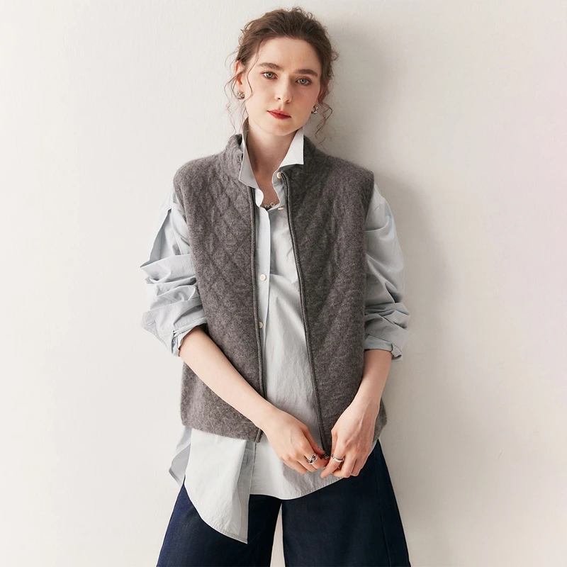 

Женский 100% кашемировый свитер, жилет на молнии, без рукавов, осень-зима, свободный вязаный кашемировый хлопковый текстурированный кардиган, жилет