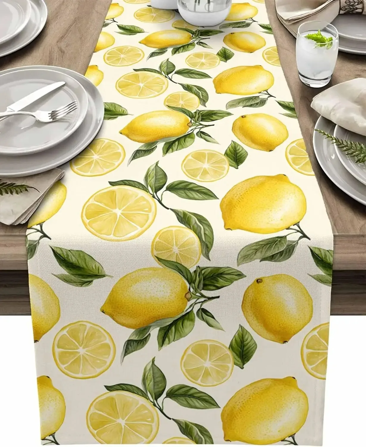 Sommerfrischer Tischläufer mit Zitronenmuster, helles Fruchtmuster, dekorative Tischdecke für Esszimmer, Küche, Heimdekoration