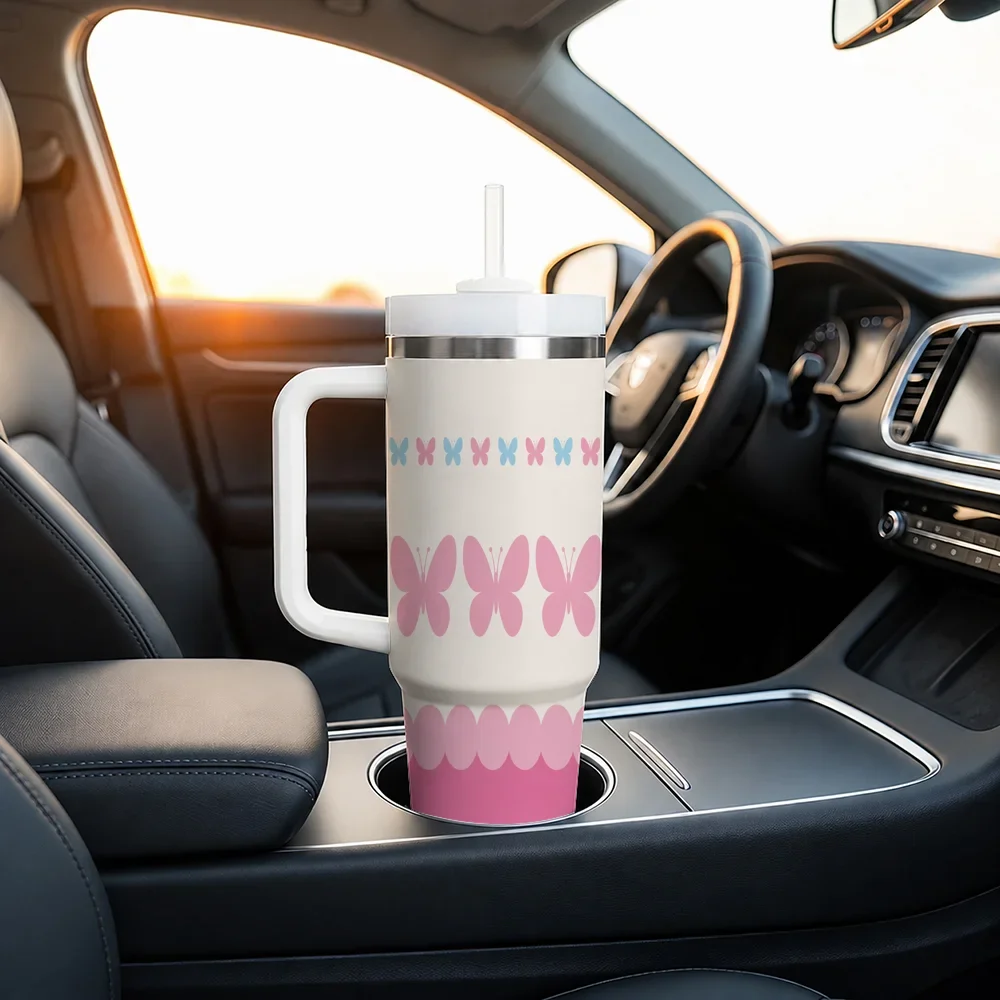 Pink Star Moon 40oz Tumbler with Handle Straw Stainless Steel Insulated Travel Mug Pastel Celestial Gift for Women Girls