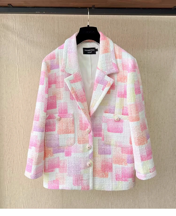 

2023 Autumn Brand New Designer Women's High Quality Plaid Tweed Blazers Jackets + High-rise Straight Pants F026