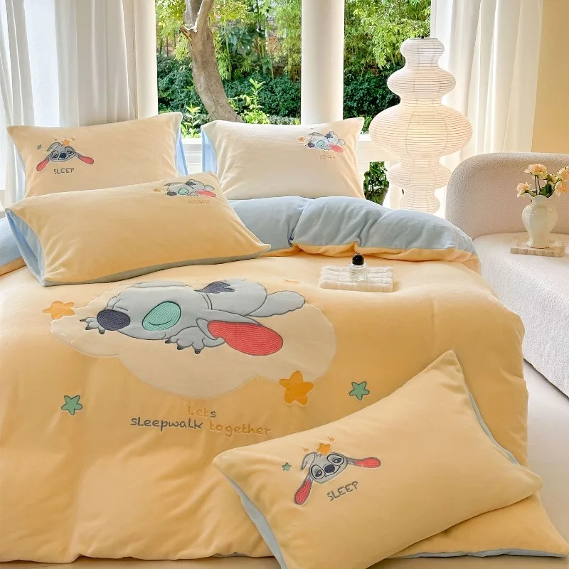 

Disney Cute Stitch Winnie the Pooh Lotso Donald duck Creative Cartoon Pattern Milk Velvet Sheet and Quilt Cover Four-piece Set