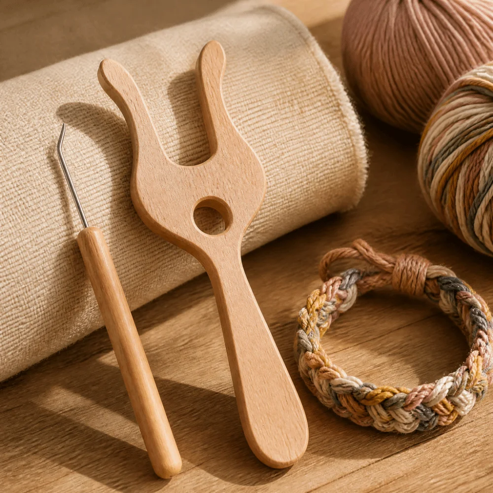 Beech Wood Knitting Fork Kit Slick Finish Hook Tool Wooden Fork Braider Hand Cut Crocheting Needle Lucet Fork Tool For Braiding