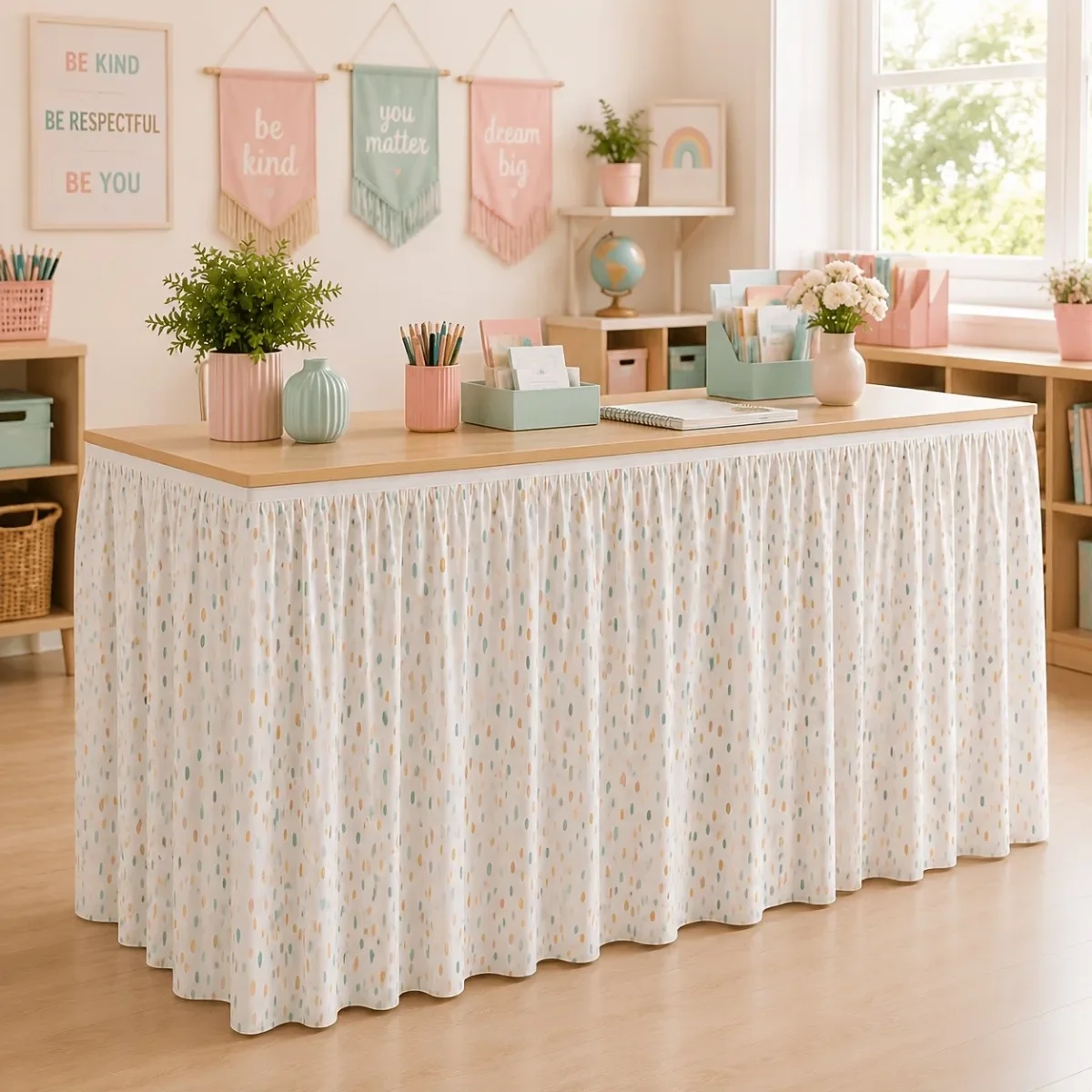 1PC Party Table Dress, with macaron color dots, featuring a fresh and simple style, printed with light-colored fine patterns