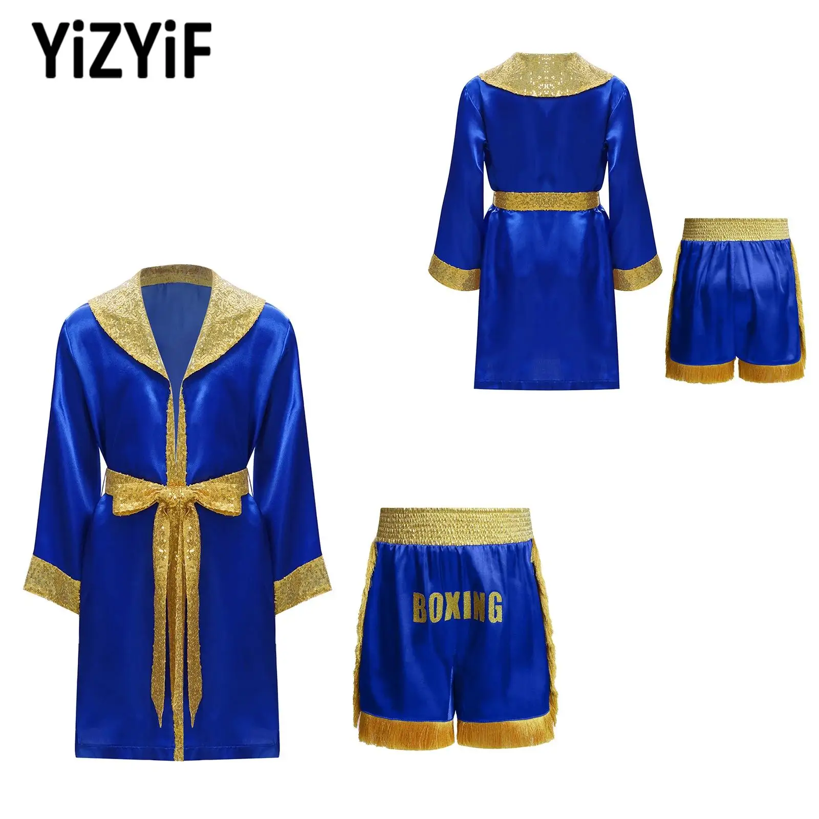 

Kids Boys Boxing Robe Training Outfit Performance Costume Long Sleeve Robe Shorts Sequined Belt Set for Halloween Cosplay Party