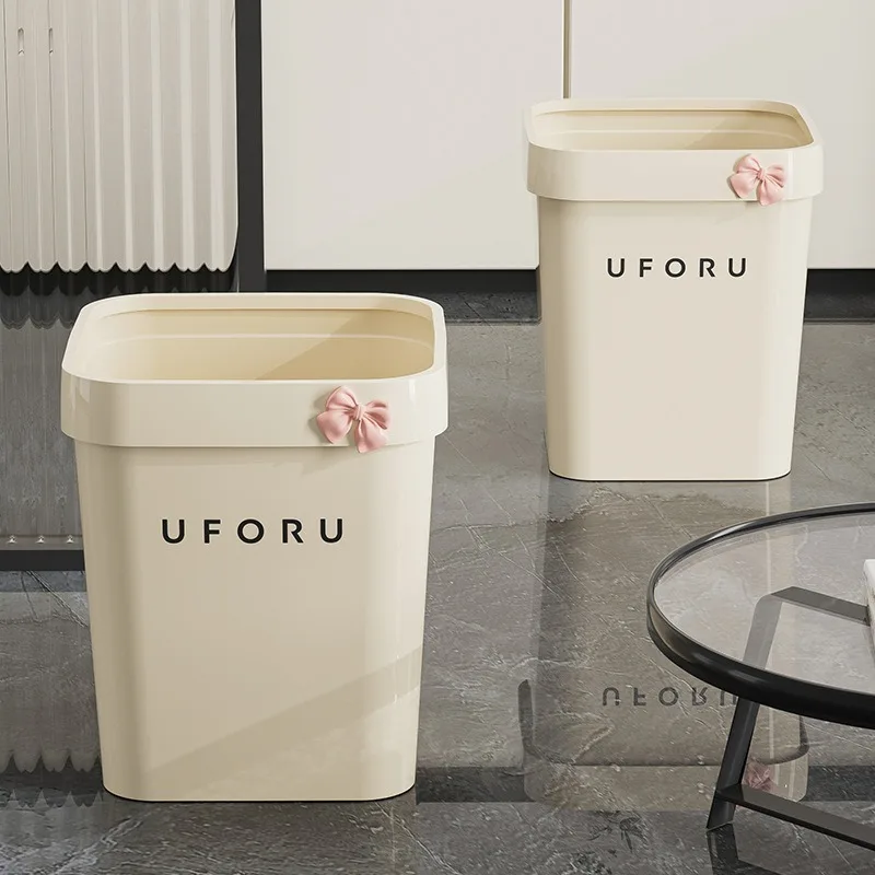 Square Trash Can Household Good-looking Large Cream Style Living Room Bathroom Kitchen Plastic Trash Can with Pressure Ring