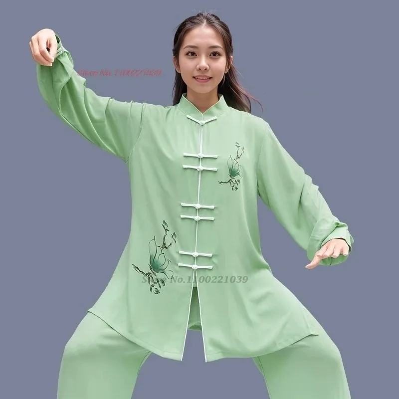 

2025 chinese kung fu tai chi martial arts wushu shaolin uniform national flower print tops+pants set wing chun training exercise