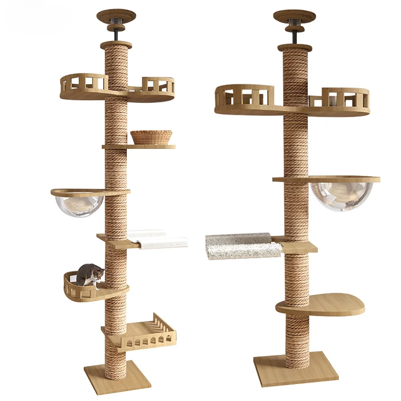 Wood Floor-to-ceiling Cat Climbing Frame Space Capsule Jumping Platform Cat Tree Condo Furniture Scratch Post Pet House