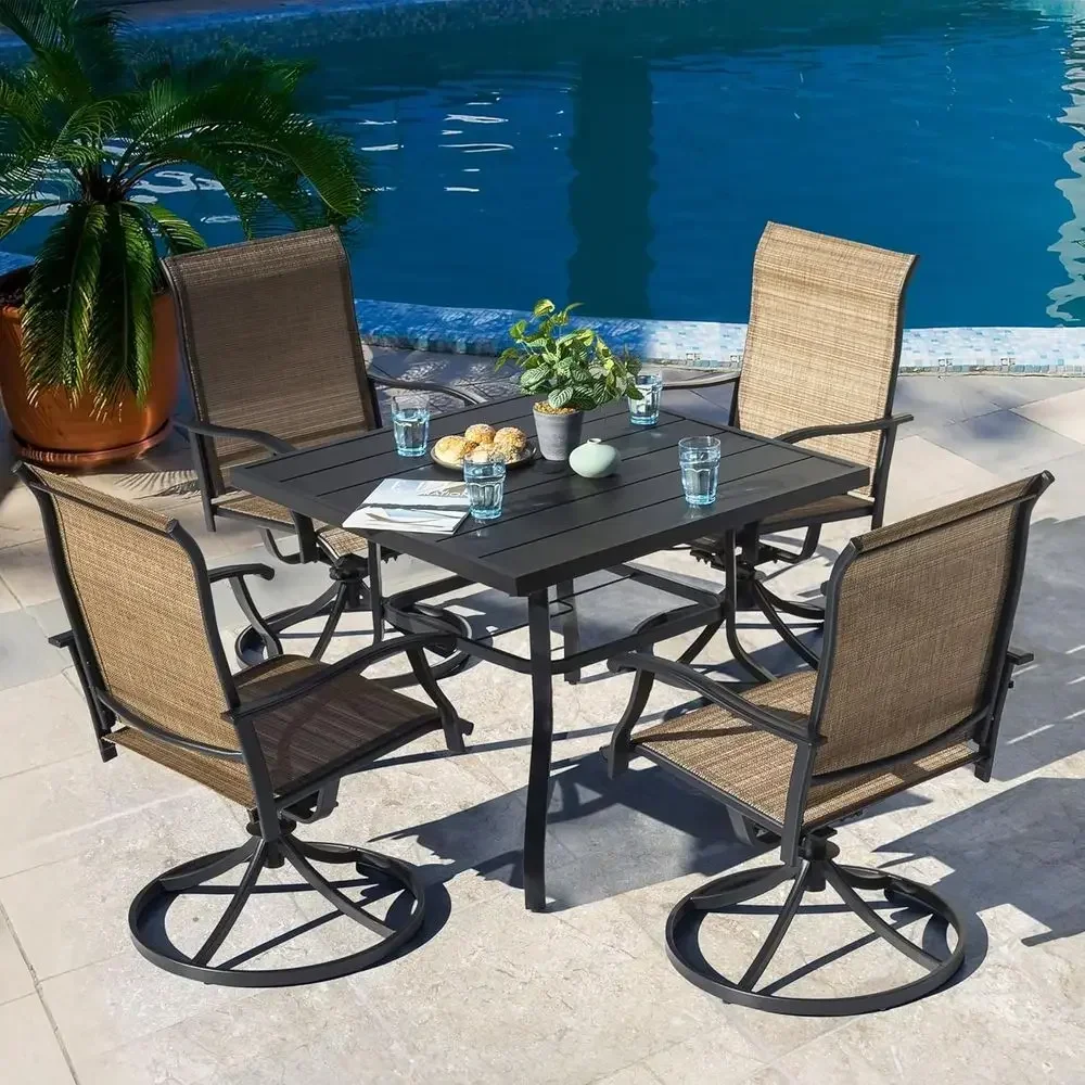 4 Swivel Textilene Chairs & 37 Square Table Patio Dining Set with Umbrella Hole, Powder Coated Iron, Suitable for Garden, Backya
