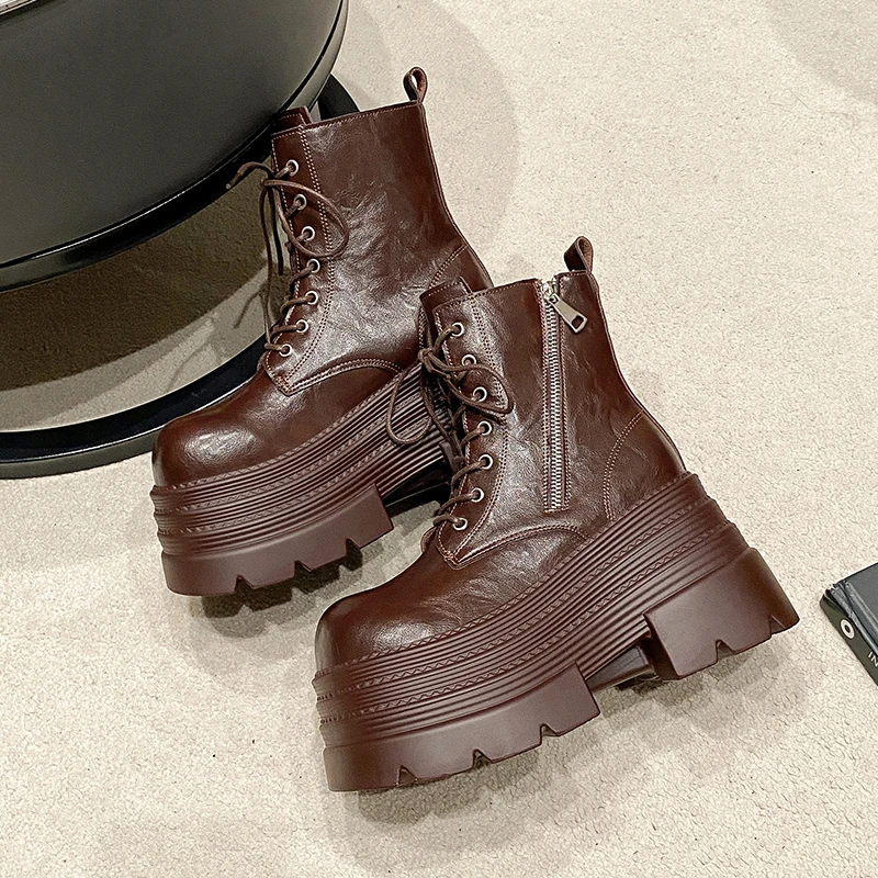 Women Boots New Winter Motorcycle Boots 10CM Wedge Heels High Platform Leather Chunky Shoes Woman Autumn Thick Sole Punk Boots