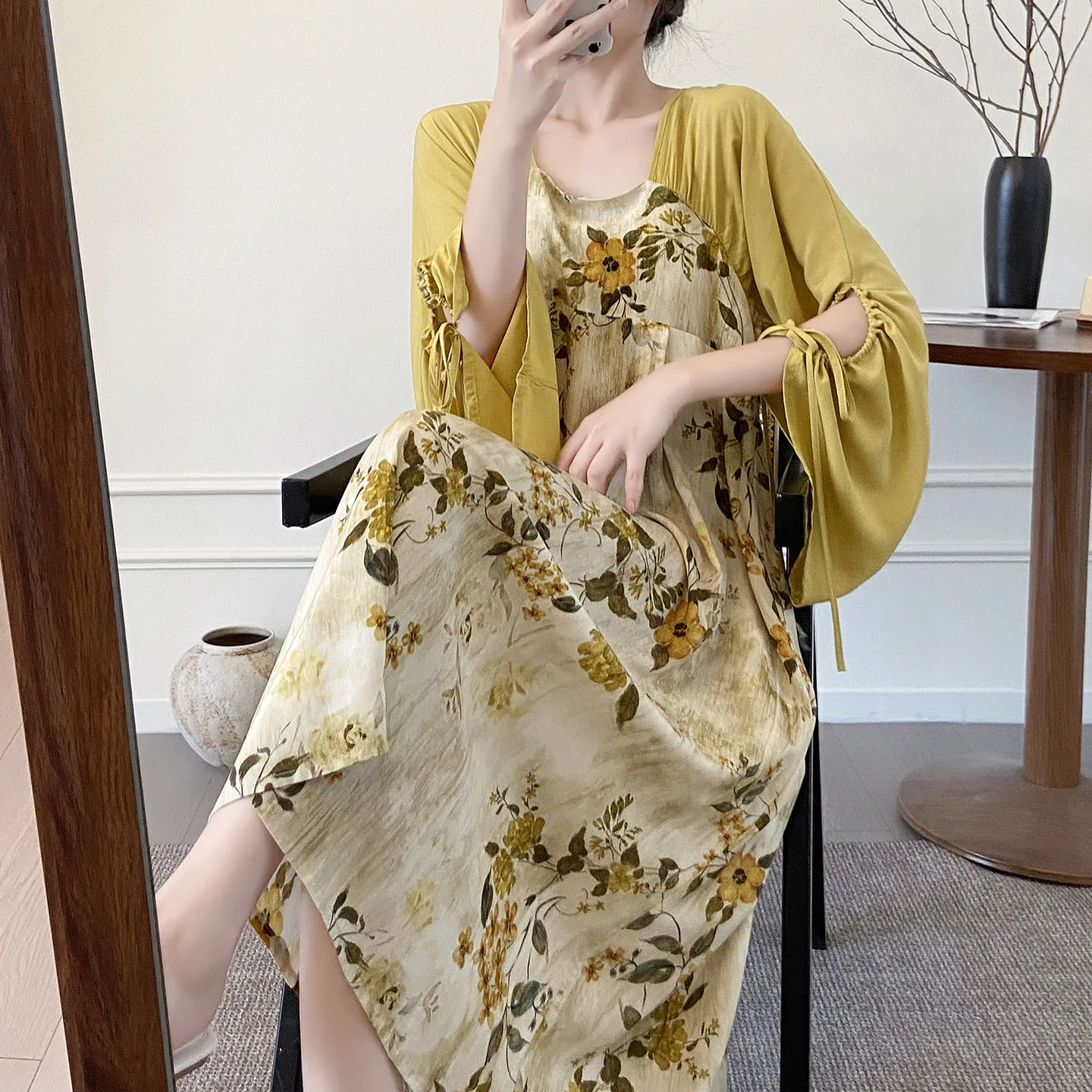 

2026 Spring Summer New Nightdress Flower Print Nightgown Loose Women's Long Sleeve One Piece Pajamas Dress Nightie