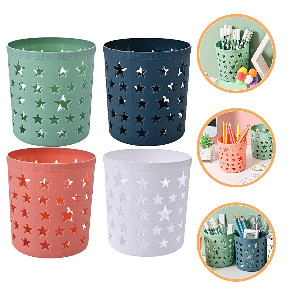 

8pcs Round Pen Containers Pencil Organizer Hollow Stars Design Vibrant Colorful Plastic Holder Matte Finish Multifunctional