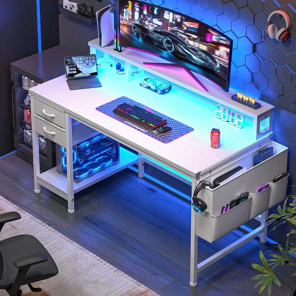 W Computer Desk With LED Strip 2 Drawers Storage Bag Standing Desk With Power Outlets Monitor Stand For Bedroom, Gaming Room,Wh