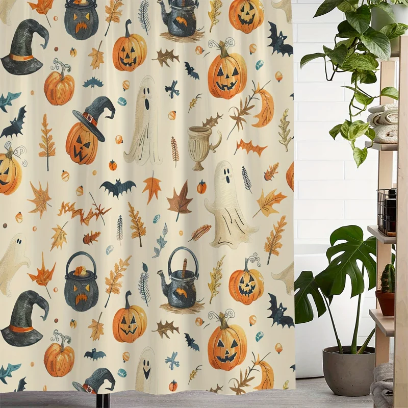 Halloween Shower Curtain Set 12 Hooks - Water-Resistant Polyester Fabric with Ghost, Pumpkin, Bat Print - Machine Washable