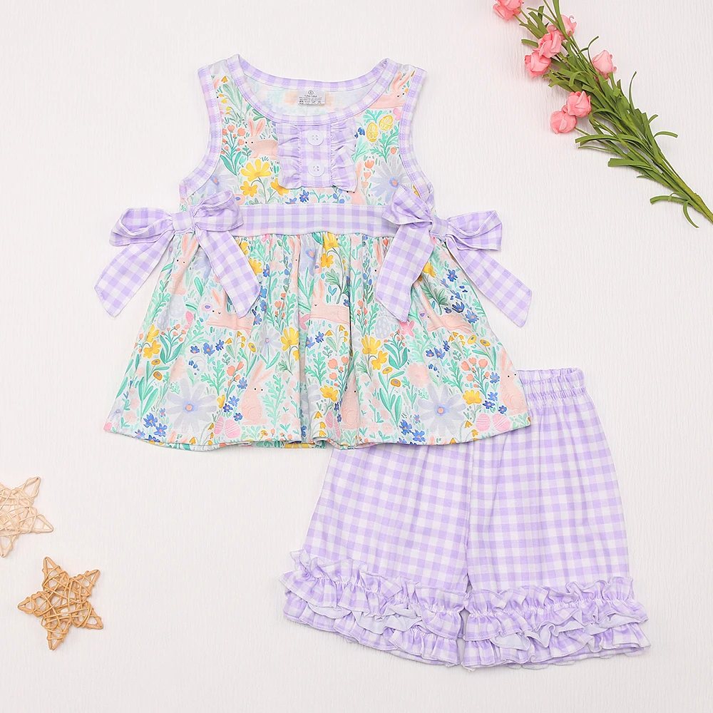 

Bebe 1-8T Bodysuit Baby Girl Summer Clothes Set 2pcs Flower Suit Purple Bow T-shirts Lace Outfits Toddler Babi Floral Shorts