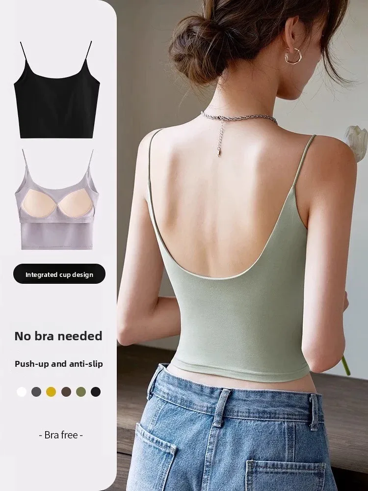 Pure Cotton U-Neck Tank Top Women's Integrated Built-In Chest Pad Inner Wear Outer Wear Strap Vest Short Length Daily Use