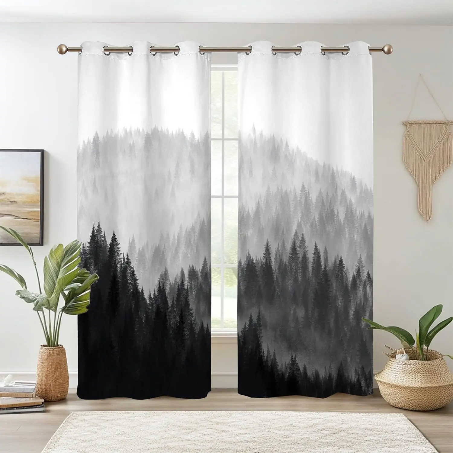 Renaiss Gray Black Forest Blackout Curtains, Gradient Color Misty Mountain Curtains for Living Room Nature Foggy Forest 2 Panels