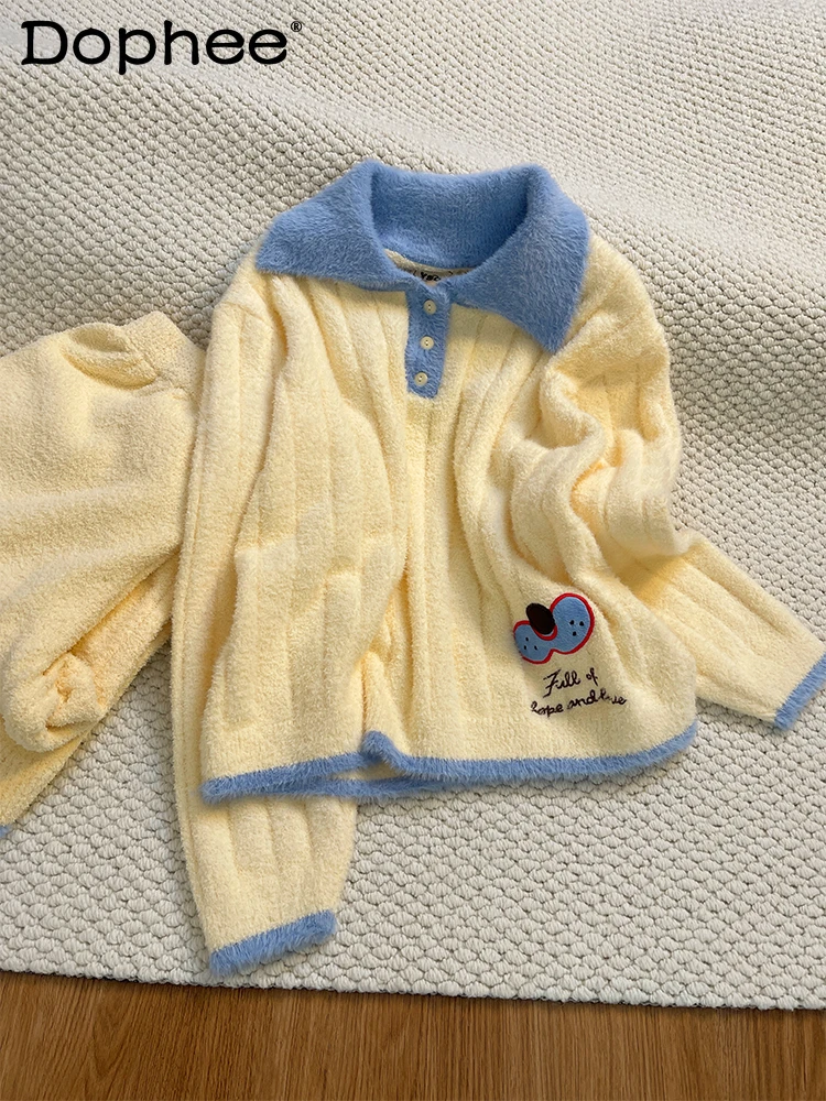 

Japanese Style Ins Sweet Cute Girl Fluffy Pajamas Autumn Winter Warm Fleece Long Sleeve Soft Casual Comfortable Homewear Set