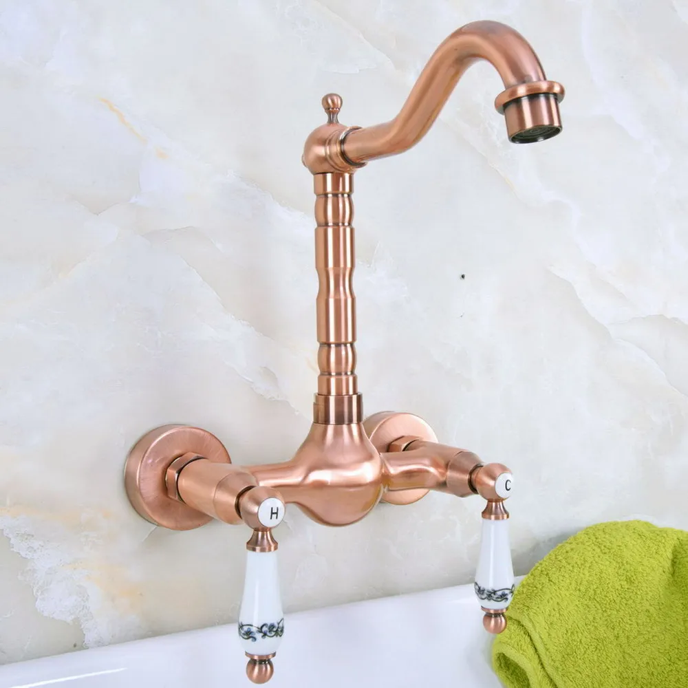 

Antique Red Copper Kitchen Bathroom Basin Sink Faucet Vessel Tap Mixer Tap Dual Handles Wall Mounted Bnf951