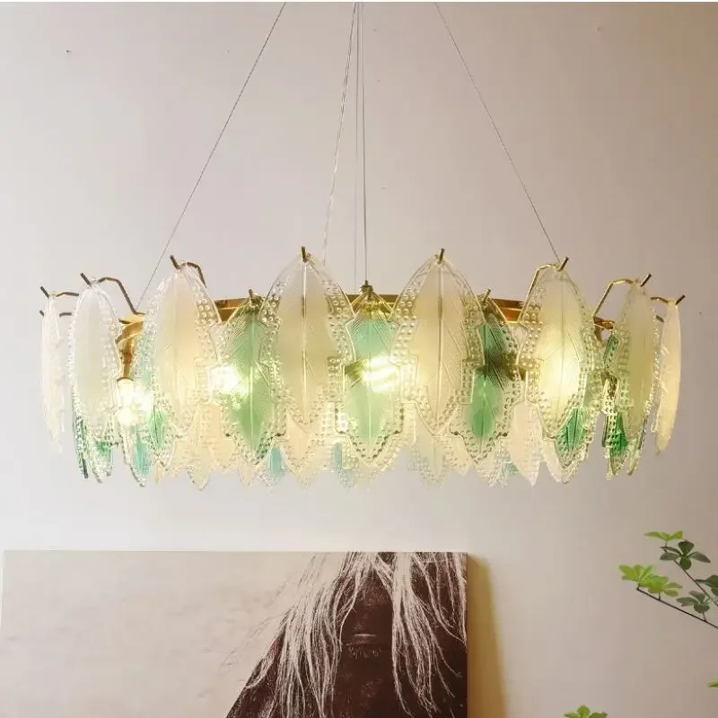 SANDYHA Modern Stained Glass Feather Shade LED Chandelier Pendant Light for Living Room Dining Room Bedroom Stylish Home Decor