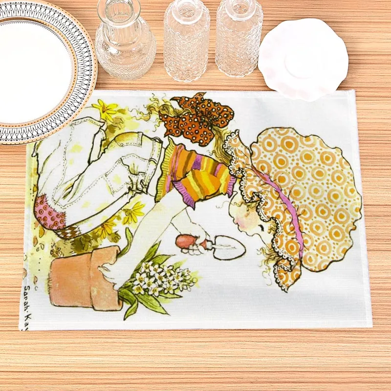 Sarah Kay Print Linen Dining Table Mats Kitchen Placemat 30X40cm Coasters Pads Bowl Cup Mat