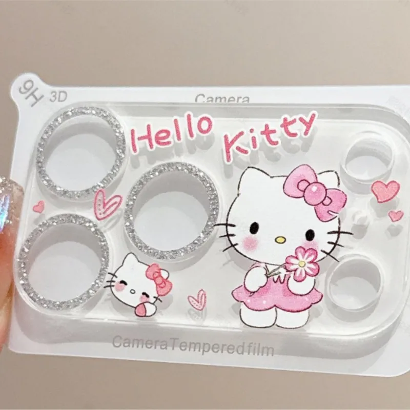 Protector de Lente de Cámara con Brillantina de Hello Kitty, Kawaii Sanrio, Película de Vidrio Templado 9H para iPhone 18 Pro Max, 18 Pro, 17 Pro Max