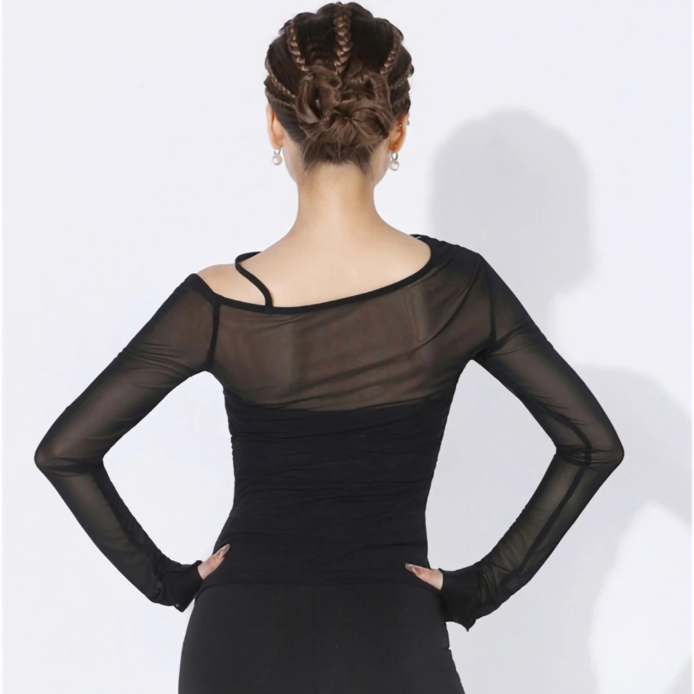 Top da ballo linea traslucida Palla da ballo nera Manica lunga Samba sexy Spalla obliqua Top trasparente per danza latina