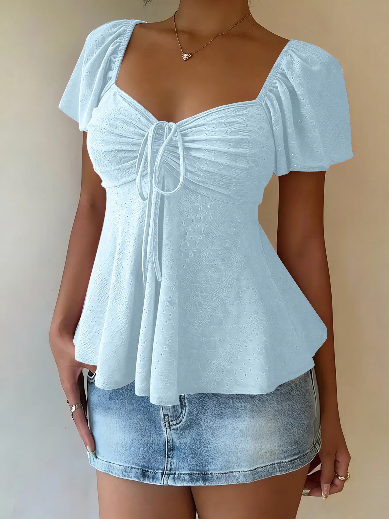 

Summer Women's V-neck Drawstring Tie Sexy Short Sleeve Solid T-shirt