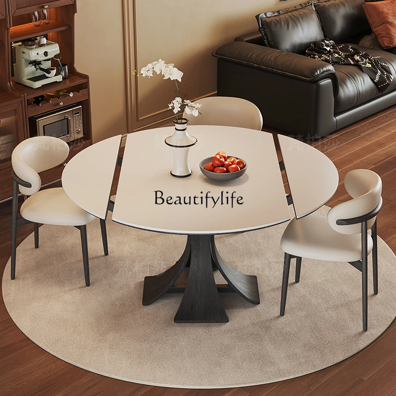 

French Retro Style Round Solid Wood Dining Table and Chairs Black Rock Slab Dining Table Extendable Modern Minimalist