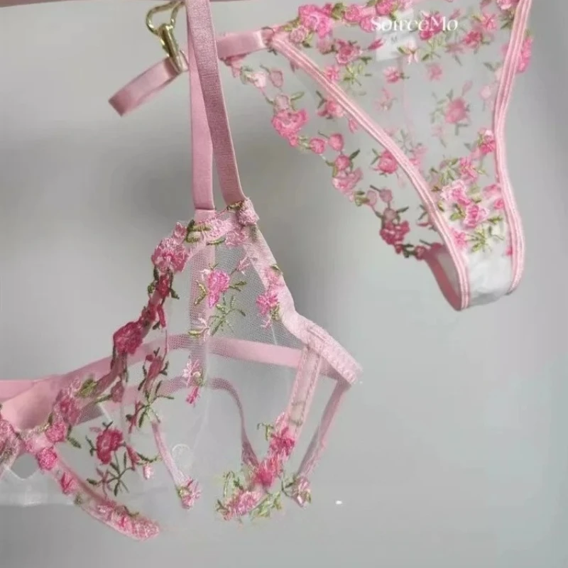 MOYISU – Lingerie Sexy Vintage pour femme de chambre française, ensemble transparent en dentelle lourde avec broderie florale, sous-vêtements confortables grande taille 32-38 AB