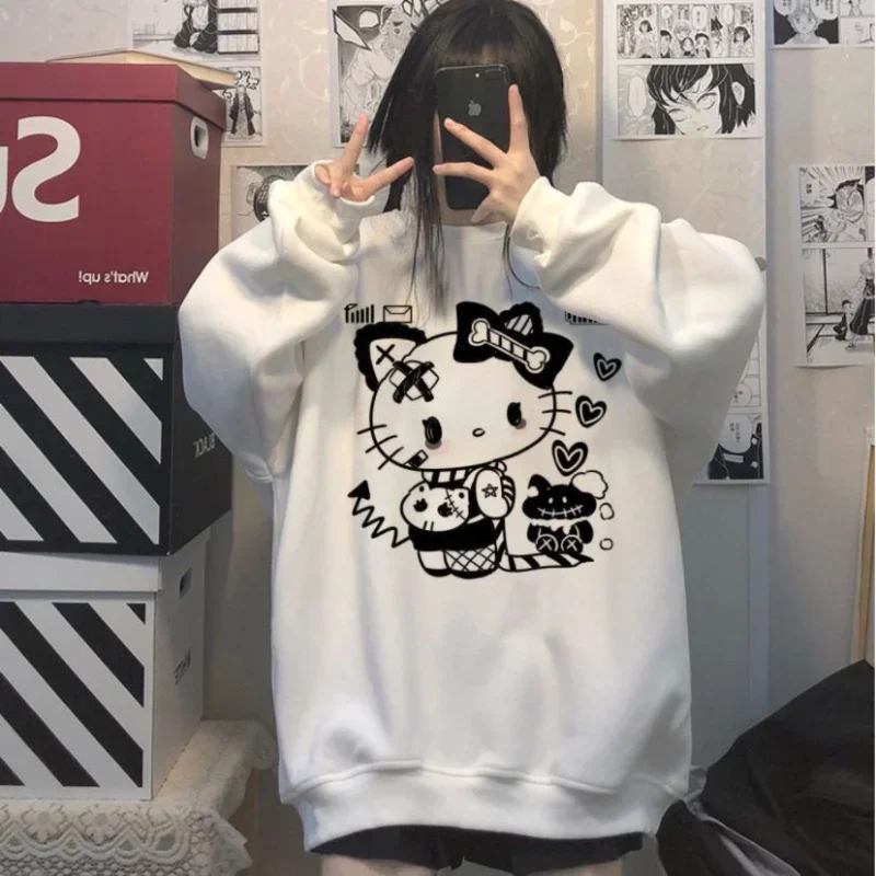 

Spring Autumn Cartoon Hello Kitty Print White Hoodie Harajuku Sweatshirt Women Loose Student Casual Streetwear Kawaii Clothes