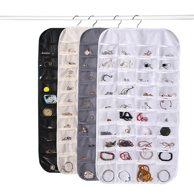 80Pockets Jewelry Storage Hanging Bag Double Sided Dustproof Necklace Ring Display Organizer Storage Bags Behind Cabinet Door