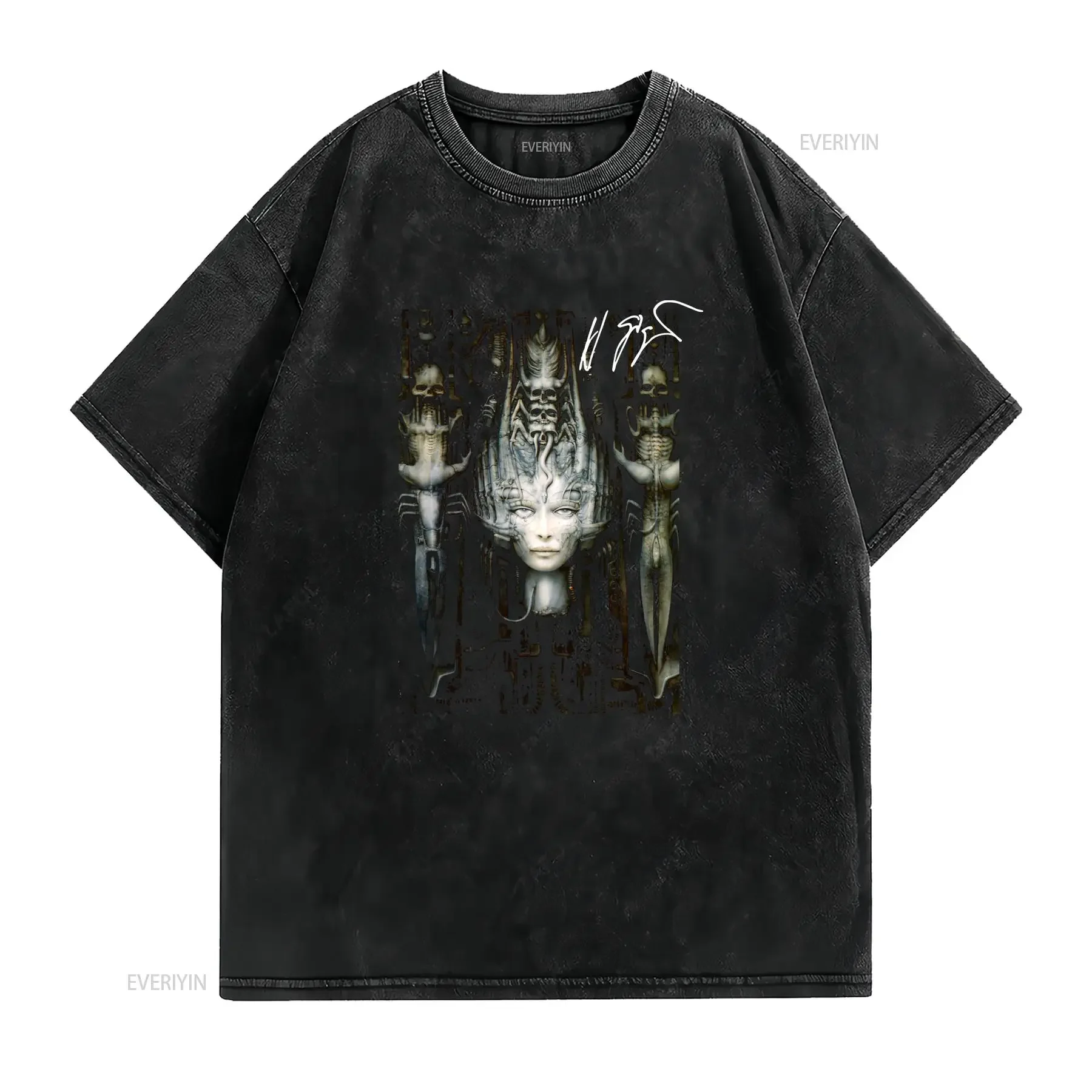 Li II GIGER choose your T Shirt option long or short sleeves vintage Washed streetwear Top For Everyday Wear Breathable