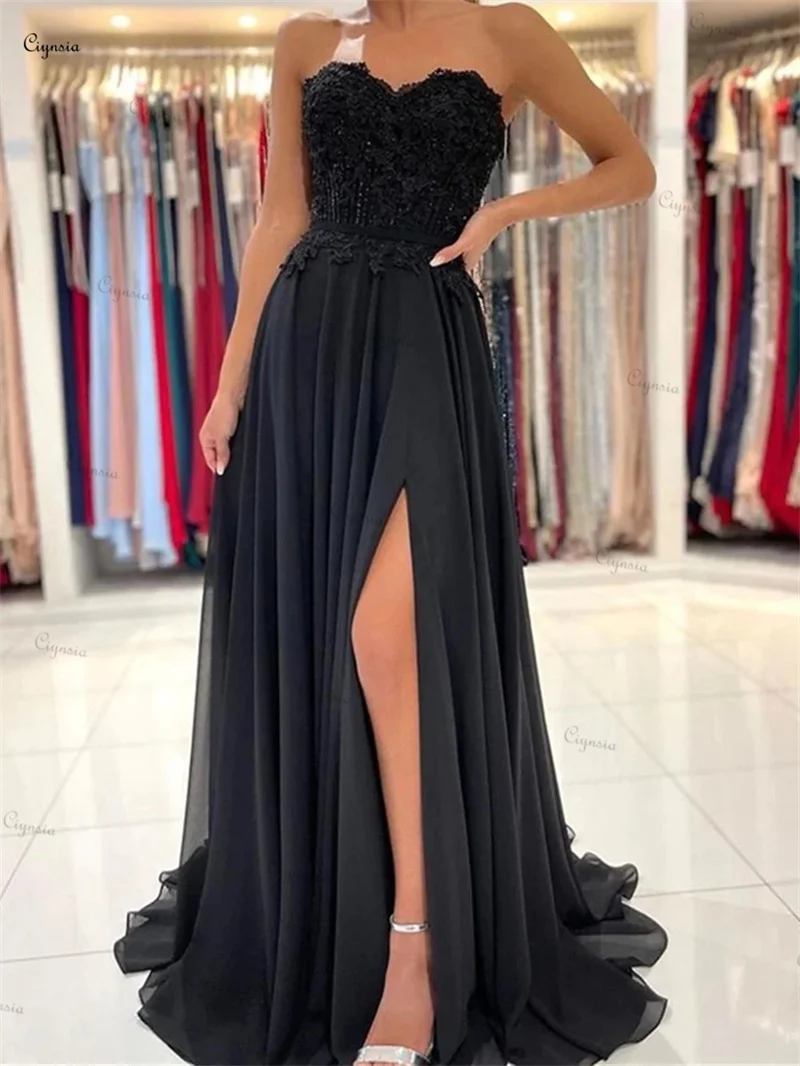 Ciynsia gaun Prom renda hitam kesayangan gaun pesta Formal A-Line applique panjang gaun malam belahan seksi sifon