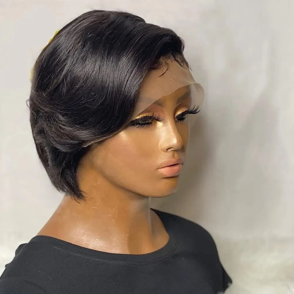 

AMYTUD Pixie Cut 13x4 Прозрачный парик фронта шнурка Парик из натуральных волос Короткий прямой парик фронтальной части шнурка Вечеринка Рождественский подарок для женщин
