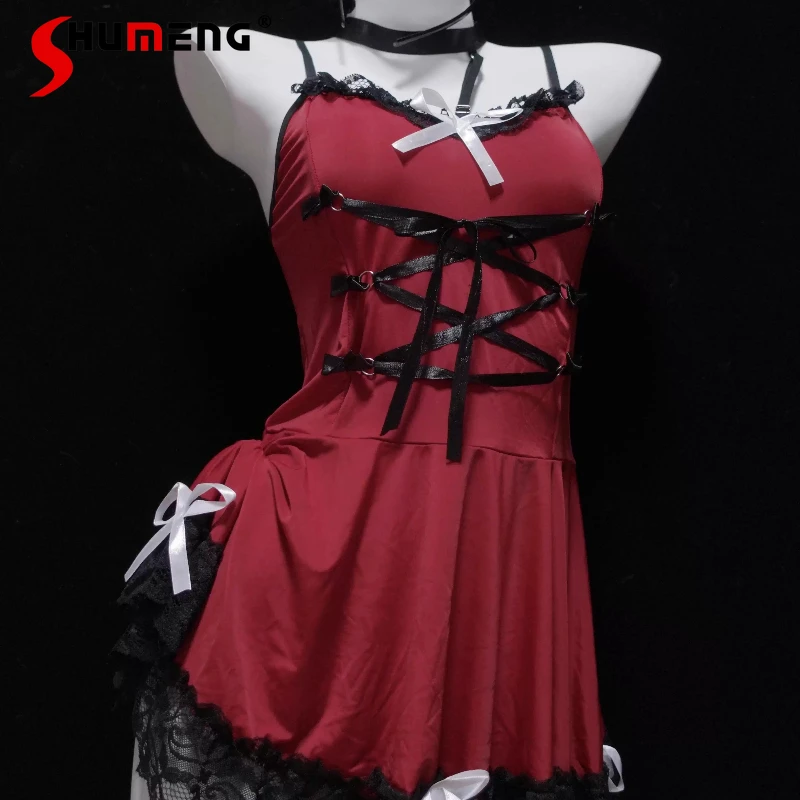 

Красный и черный цвет, контрастная кружевная ночная рубашка, комплект для женщин, сексуальное нижнее белье для сна, ночные рубашки, женские однотонные кружевные пижамы