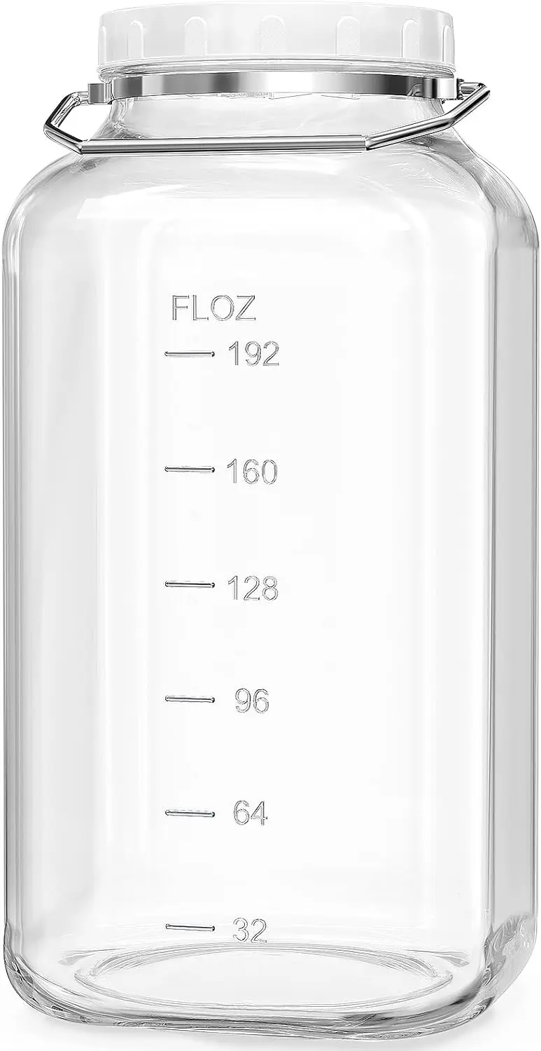 2 Gallon Large Glass Jar with Lid, Wide Mouth Storage Jars with Stainless Handle, Extra Big Glass Container with 2 Scale Mark