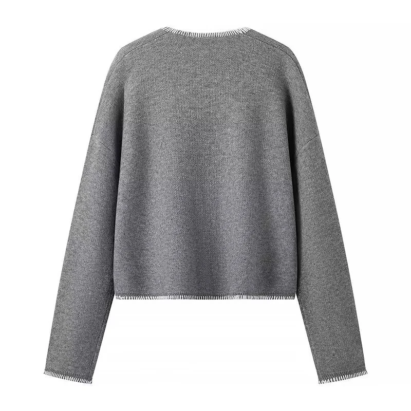 Pull chaud avec ligne de broderie pour femme, décoration simple, streetwear gris, haut de gamme, poches en Y, dame de bureau, hiver, At