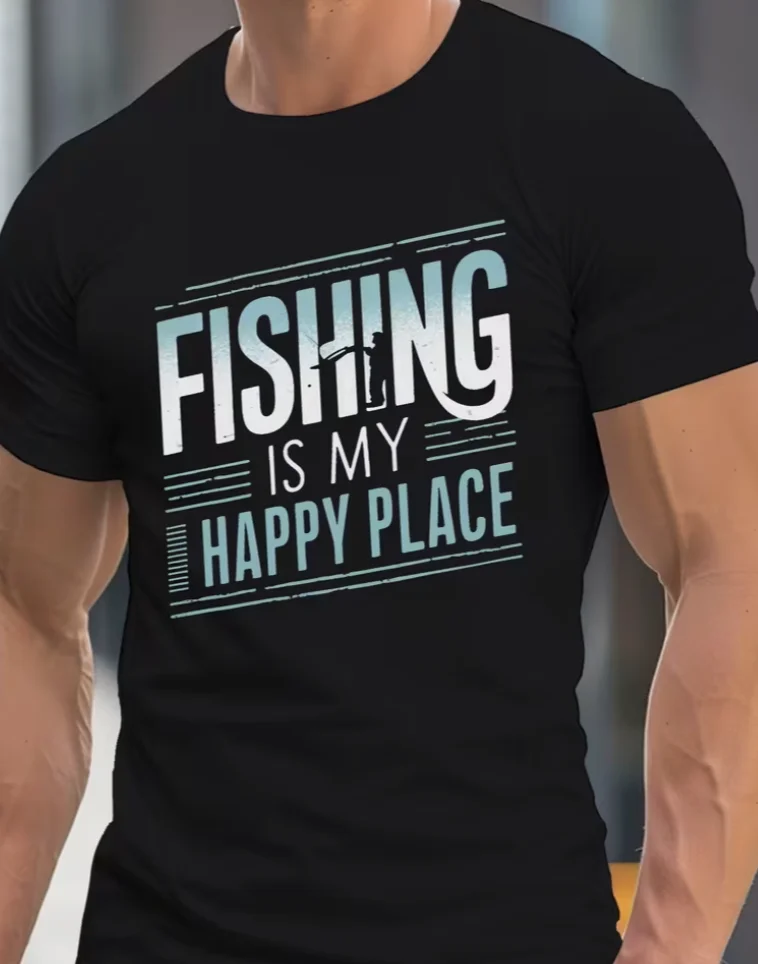 Men's Fishing Is My Happy Place T-Shirt - Breathable Round Neck Short Sleeve Tee Fishing Fishing Apparel Round Neck Tee  Sweatwi
