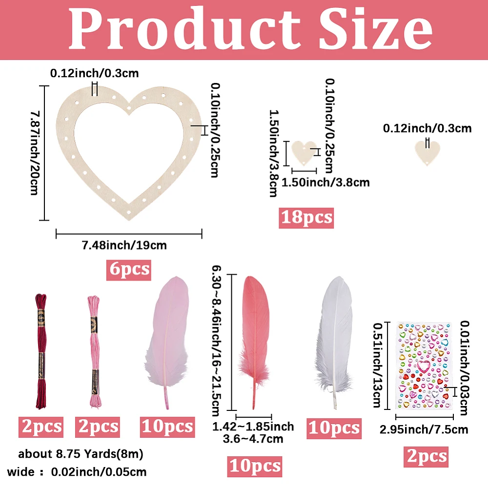 6 Pack Heart Dream Catcher Kit Dreamcatcher Kit Valentines Mother's Day Wooden Art Craft with Feathers Thread Stickers Coloring