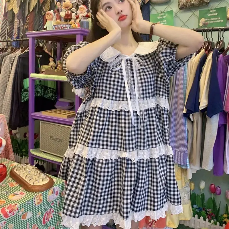 

Sweet Bubble Sleeve Maternity Summer Dress Lace Peter Pan Collar Pregnant Woman Black Plaid Dress Pregnancy Ball Gown Mini Dress