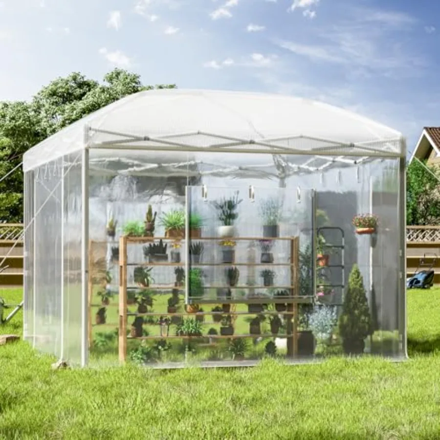 Portable walk-in greenhouse for indoor and outdoor use, polyethylene material, green color, UV-resistant and ventilated design