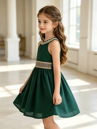 Forest‑Style Girls' Halter Cami Dress, Vintage Lace‑Spliced Waistband Solid‑Color Sleeveless Casual Photo‑Shoot Dress for Little