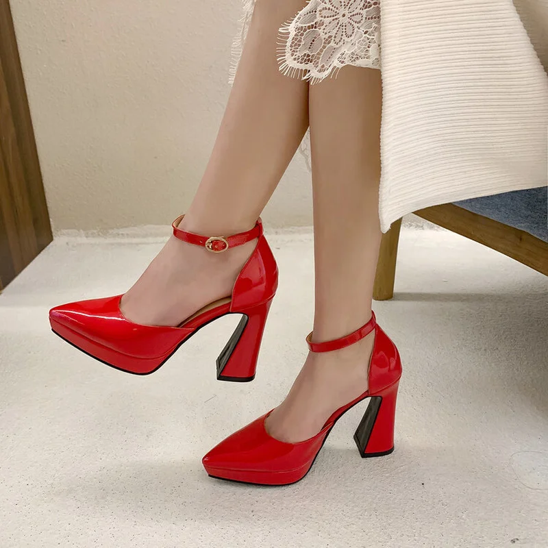 New Buckle Strap Woman Wedding Shoes Heels Sandals Patent Leather Pointed Toe Ladies Sexy White Red Platform Pumps Womens Shoes