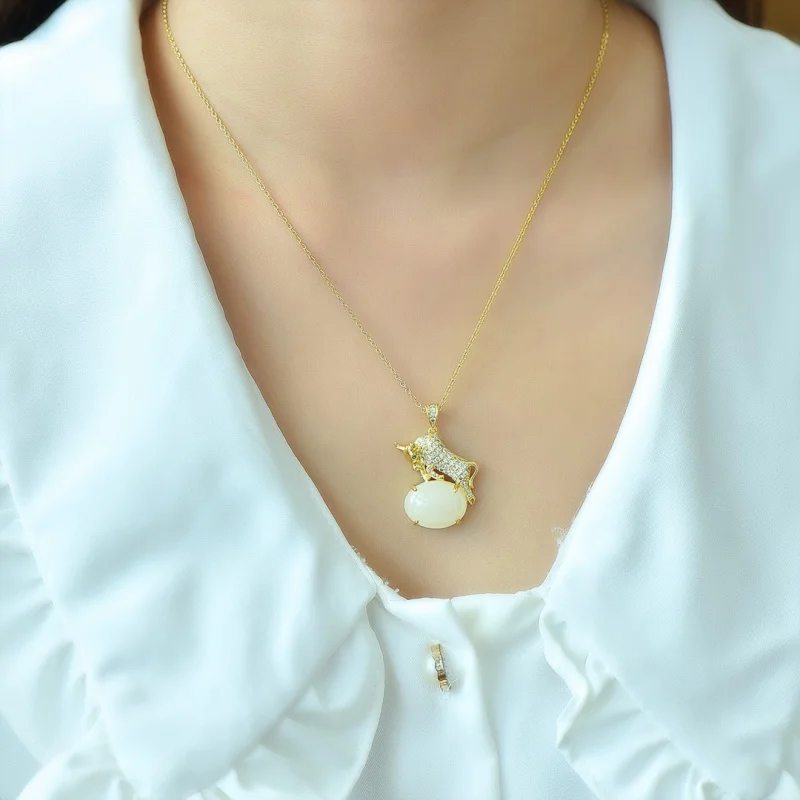 Ancient Style Inlaid Natural Golden Jade Cow-Style Personalized Pendant White Jade Egg Face Calf Women's Necklace Clavicle Chain