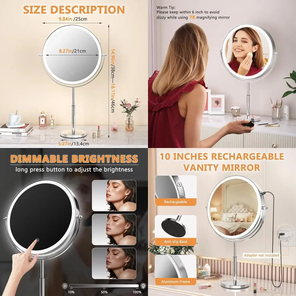 กระจกแต่งหน้า LED ขยาย 7 เท่า ชาร์จไฟได้ ปรับความสูงได้ 3 โหมดแสงสว่าง หมุนได้ 360 องศา °   กระจกแต่งหน้าแบบหมุนได้