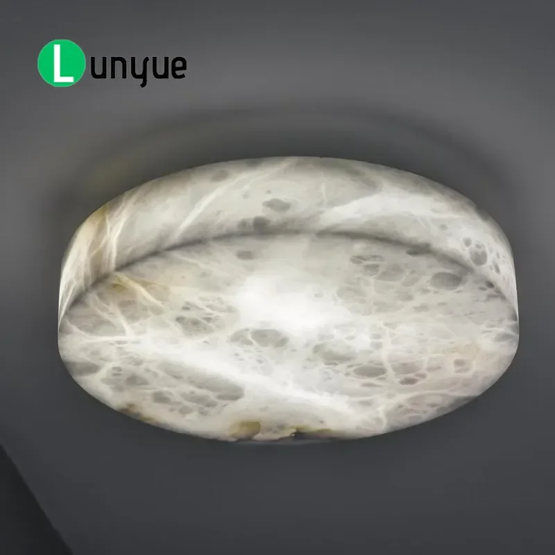 Nordic Luxury Round Alabaster Ceiling Light with Brass Accessories Natural Marble Surface Embedded Fixture for Bedroom Living