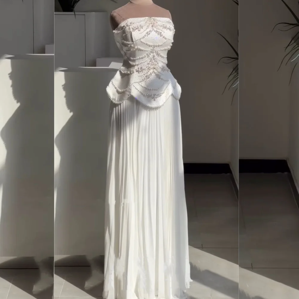 Customized Intricate Chiffon Pleat Pearl Sequined A-line Strapless Long Dresses Bespoke Occasion Homecoming Chinese Style